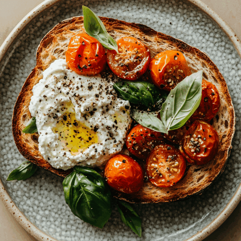 Serving dairy free ricotta cheese on toast with tomatoes and basil