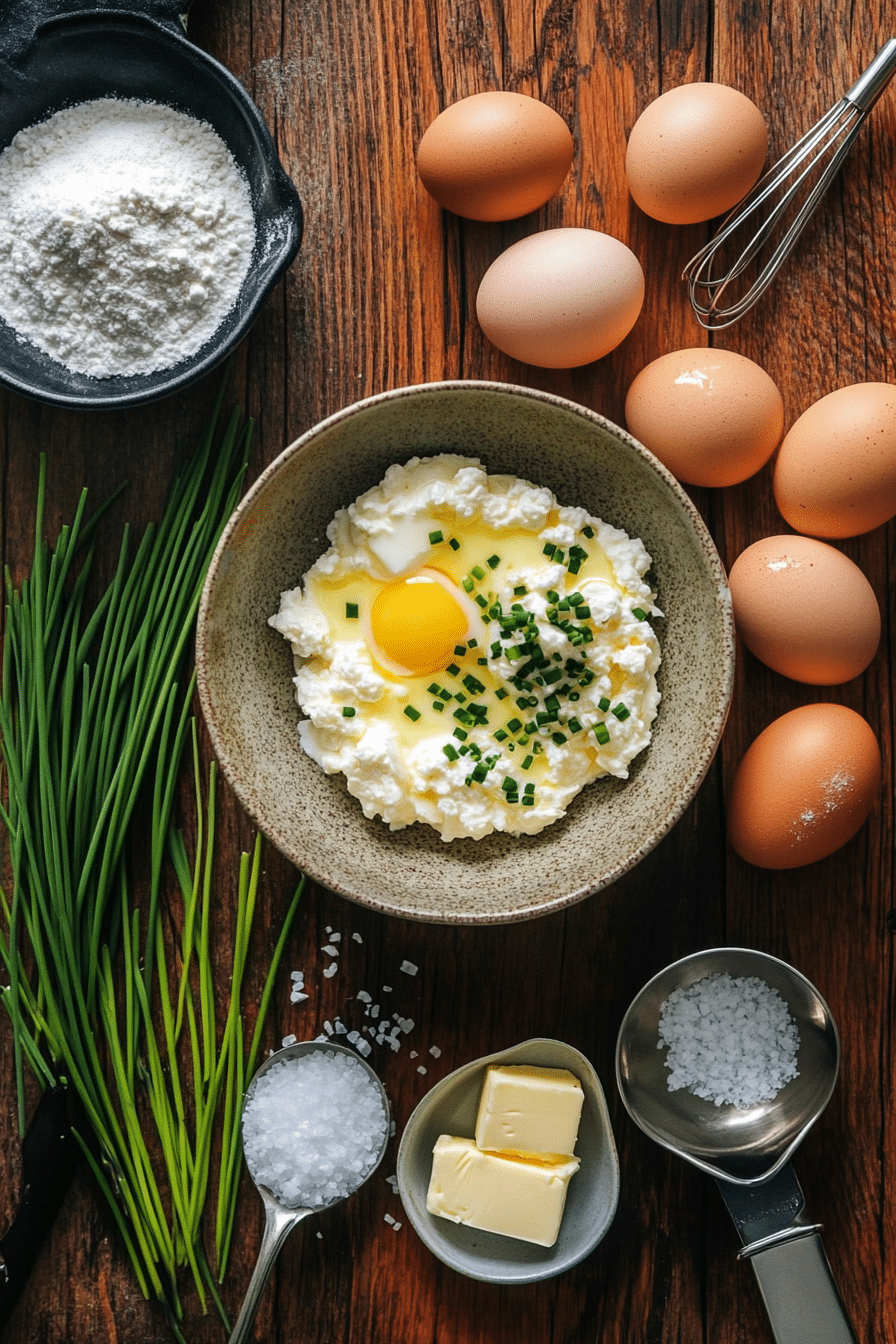 eggs with ricotta cheese 1 Ingredients for eggs with ricotta cheese on rustic table