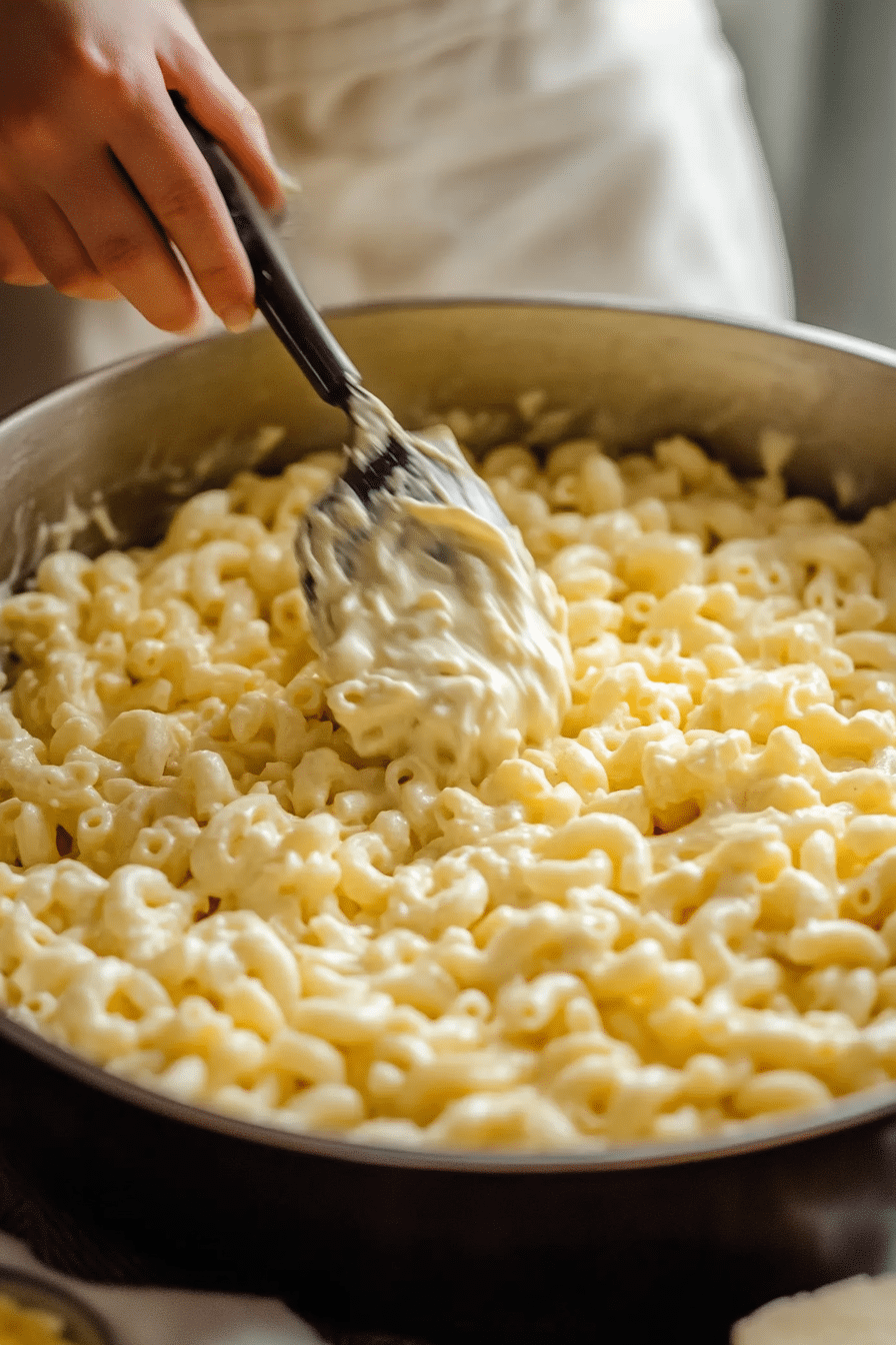 macaroni and cheese with ricotta Mixing macaroni with creamy ricotta cheese sauce