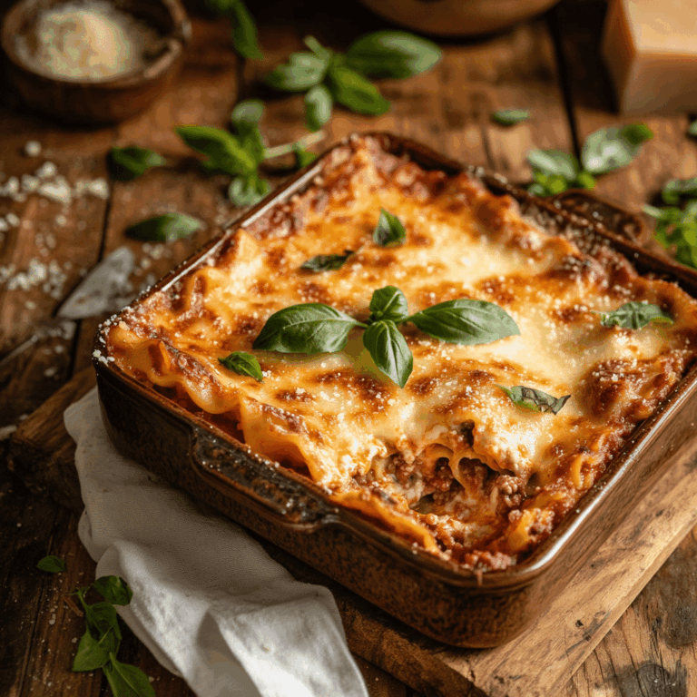 Hearty Italian lasagna without ricotta in a rustic kitchen