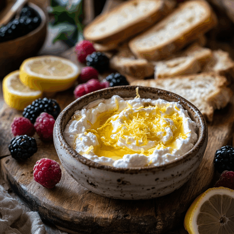 Lemon ricotta cheese served with bread and honey drizzle
