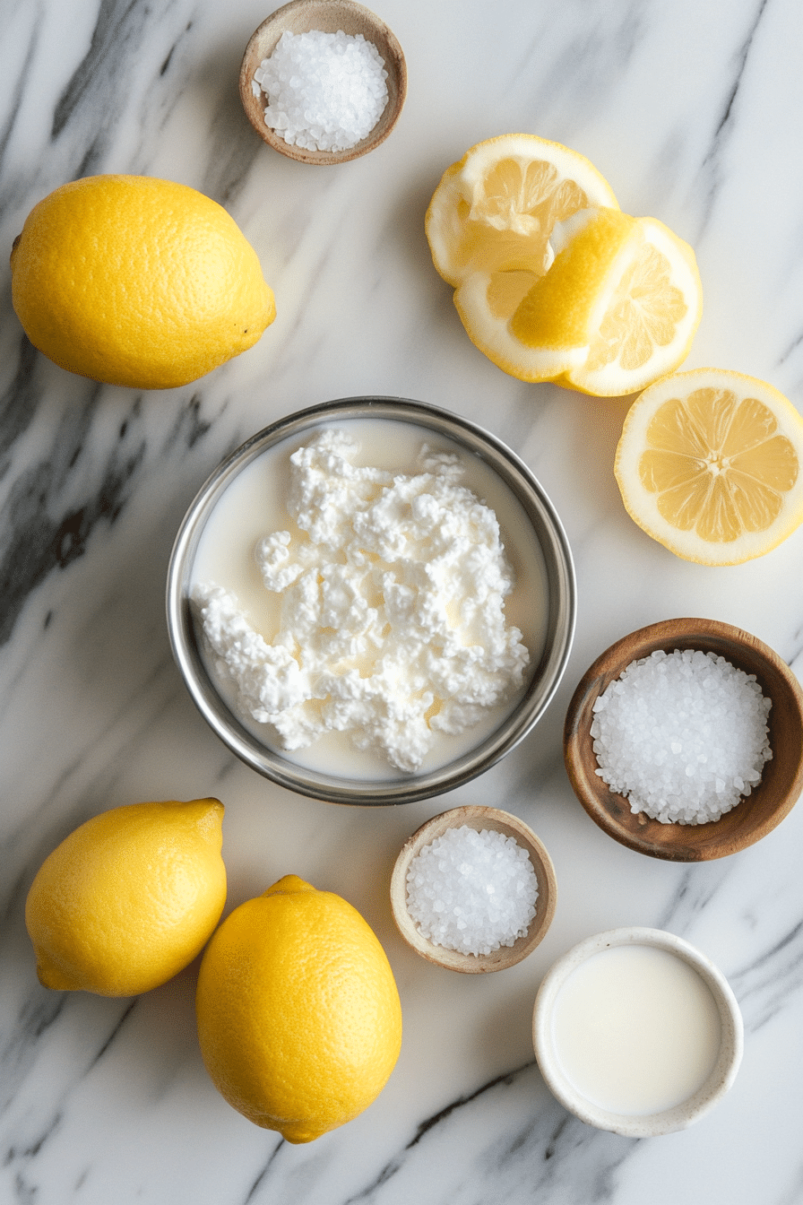 lemon ricotta cheese1 Ingredients for homemade lemon ricotta cheese on marble countertop