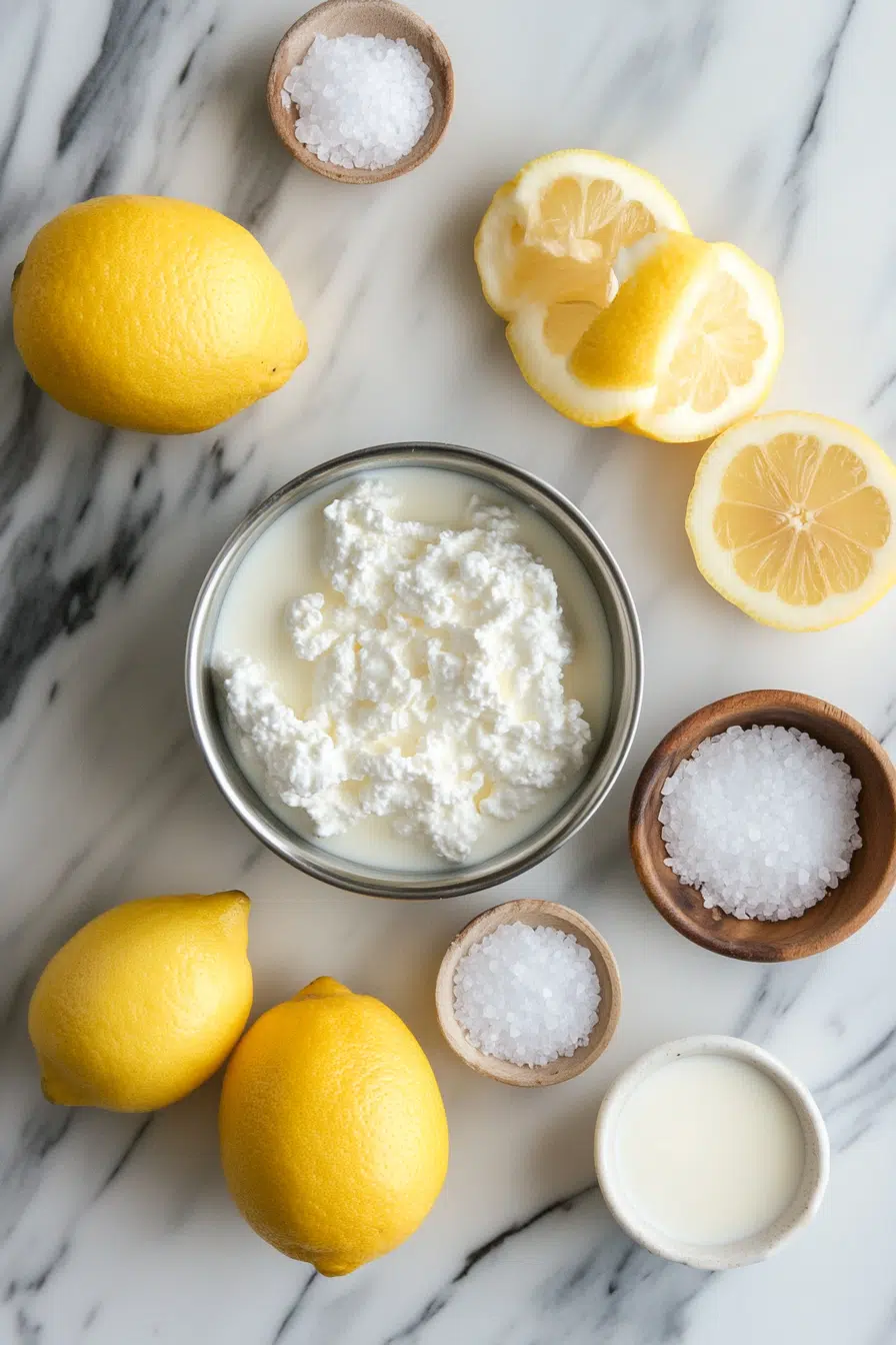 lemon ricotta cheese1 Ingredients for homemade lemon ricotta cheese on marble countertop