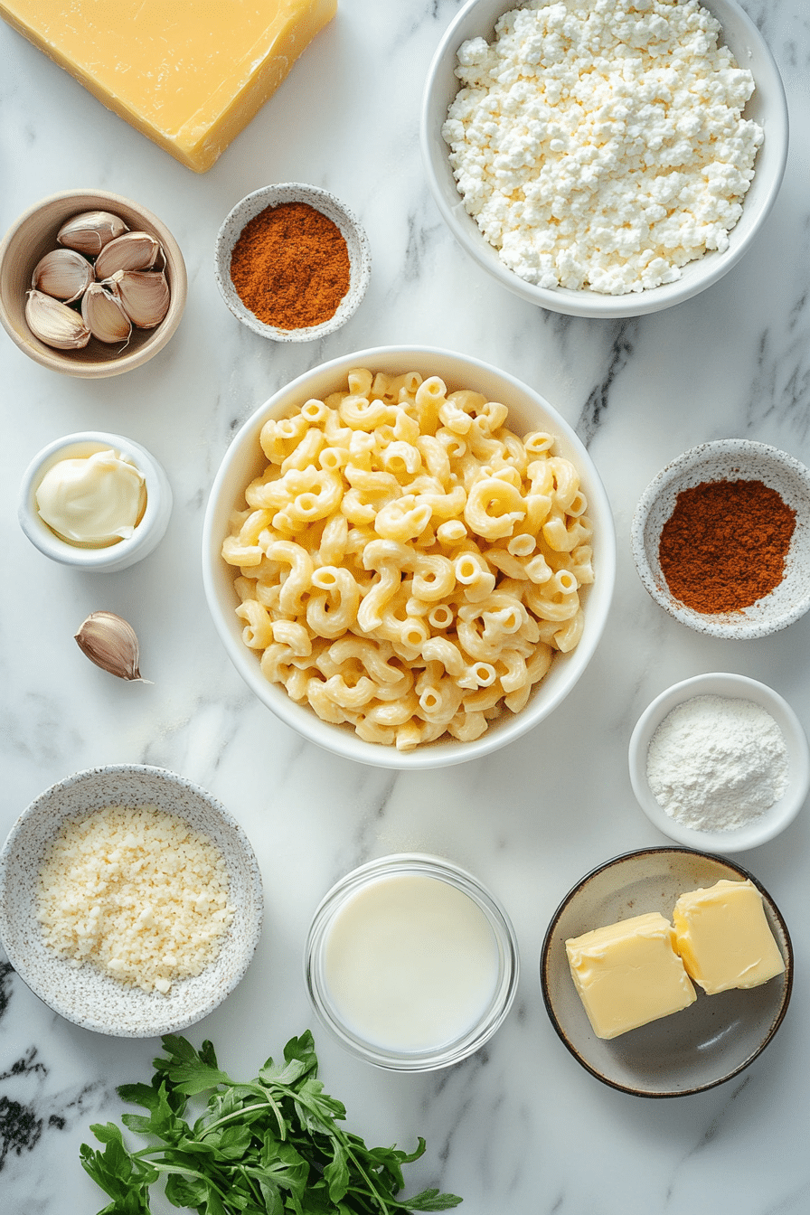 macaroni and cheese with ricotta 1 Ingredients for macaroni and cheese with ricotta laid out on countertop