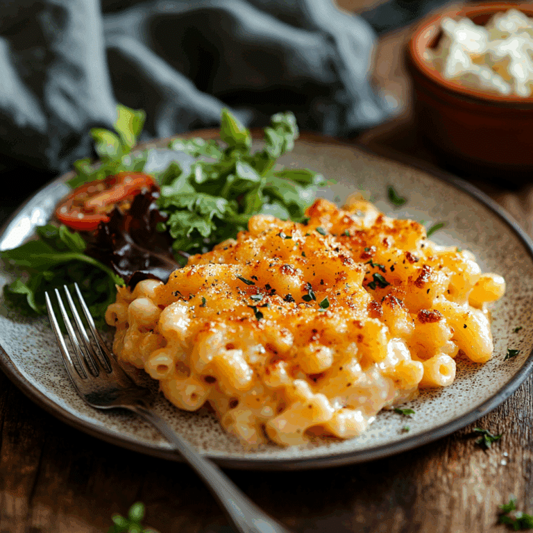 Served baked macaroni and cheese with ricotta on plate
