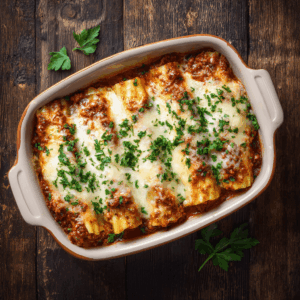 Baked manicotti with meat and ricotta cheese in dish