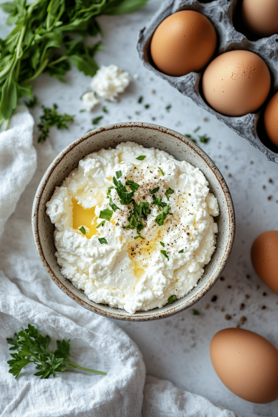 ricotta cheese and eggs 1 Ricotta cheese and fresh eggs with herbs