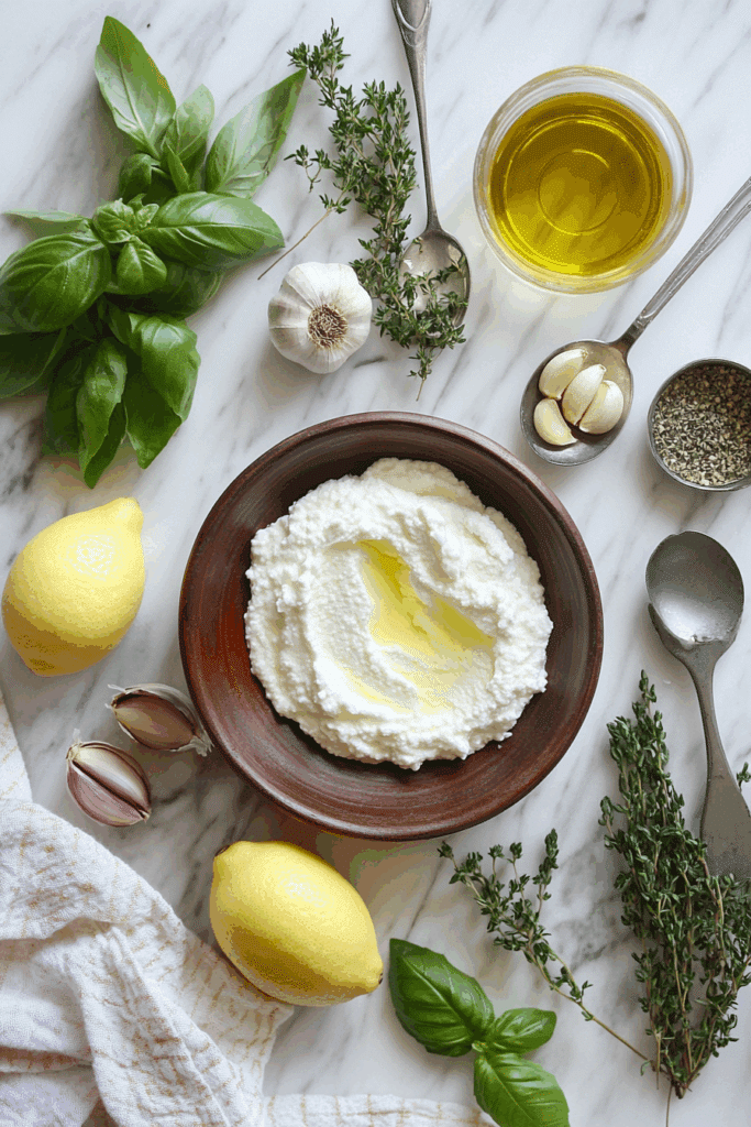 Ingredients for ricotta cheese dip including lemon, herbs, and olive oil