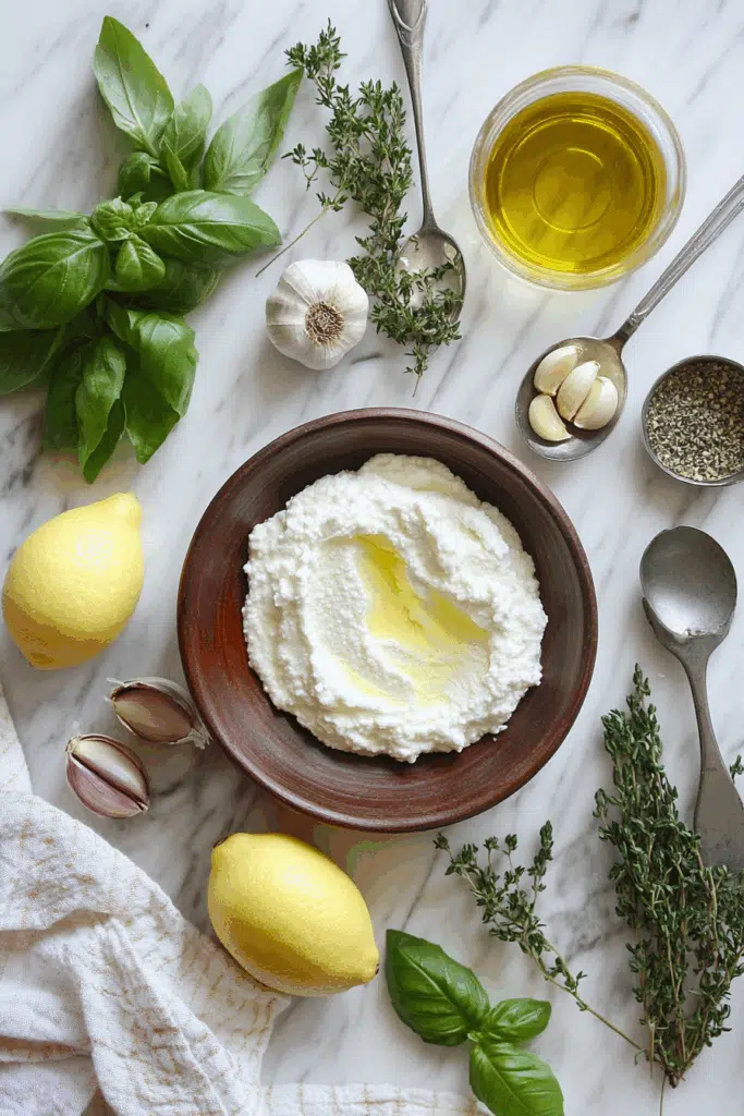 Ingredients for ricotta cheese dip including lemon, herbs, and olive oil