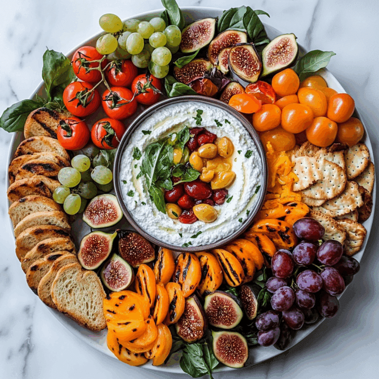 Ricotta cheese dip platter with grilled veggies and fruits