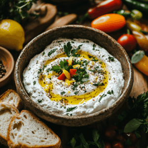 Creamy ricotta cheese dip with herbs and lemon zest in a rustic kitchen