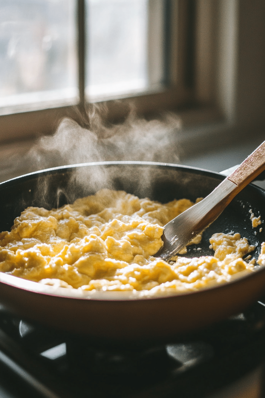 ricotta cheese scrambled eggs 2 Ricotta scrambled eggs cooking in nonstick skillet