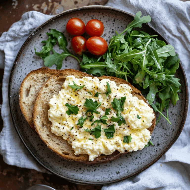 Served ricotta scrambled eggs with toast and arugula salad