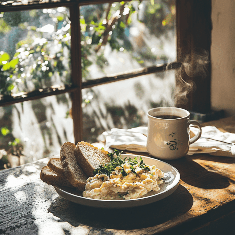 Ricotta cheese scrambled eggs breakfast plate in cozy kitchen
