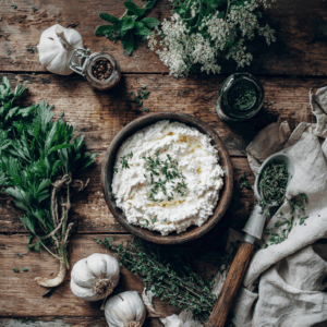 Blended ricotta cottage cheese in rustic kitchen