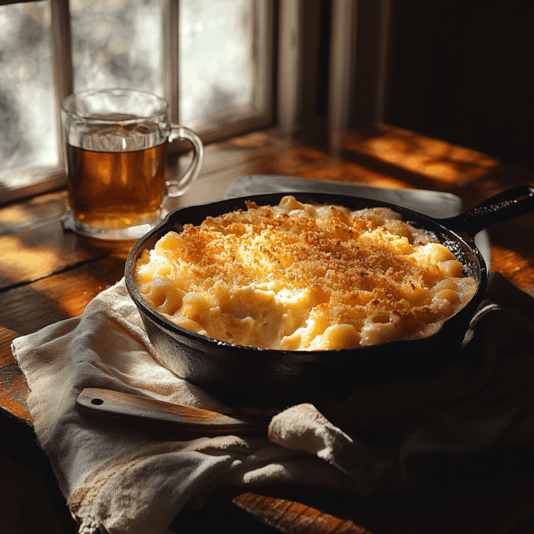 Southern-style ricotta mac and cheese in cast iron skillet