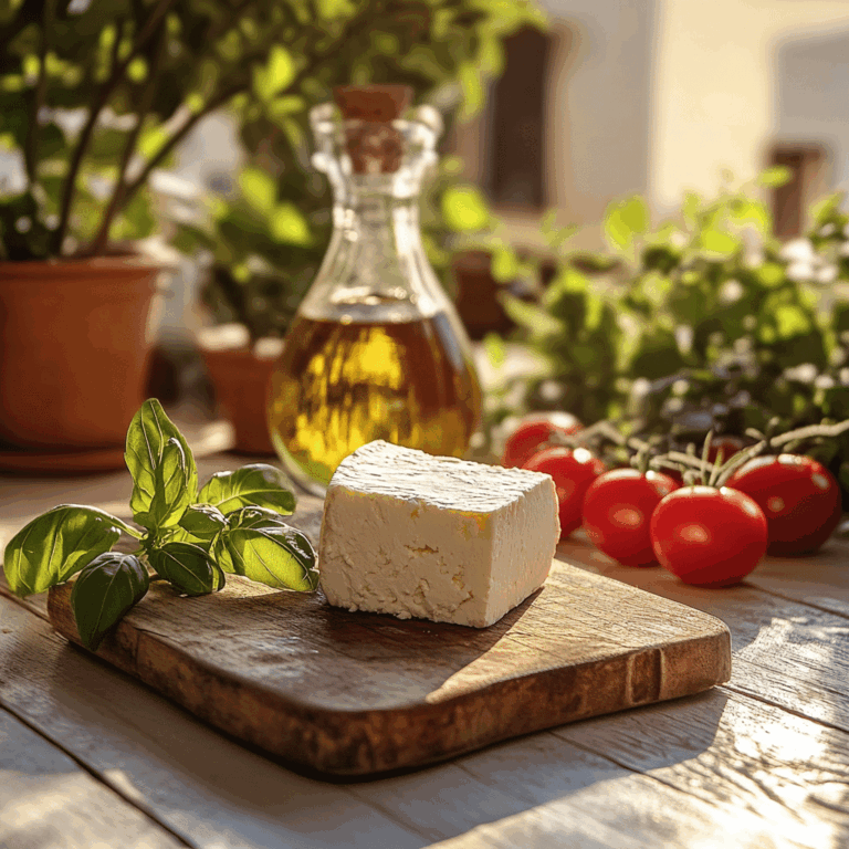Ricotta salata cheese with tomatoes and basil on a Sicilian kitchen table