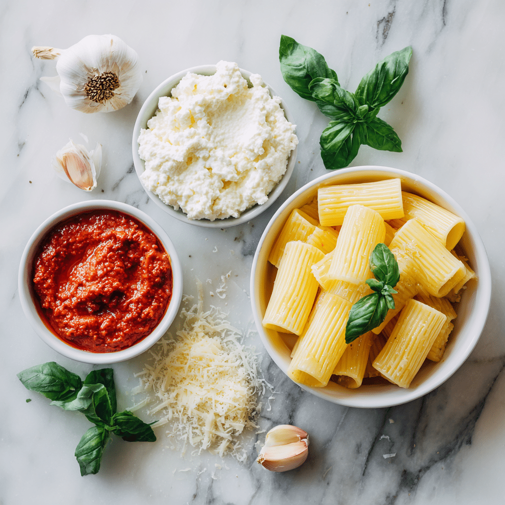 rigatoni with ricotta cheese 1 Ingredients for rigatoni with ricotta cheese laid out on a wooden counter