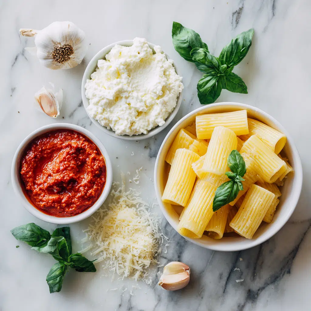 rigatoni with ricotta cheese 1 Ingredients for rigatoni with ricotta cheese laid out on a wooden counter
