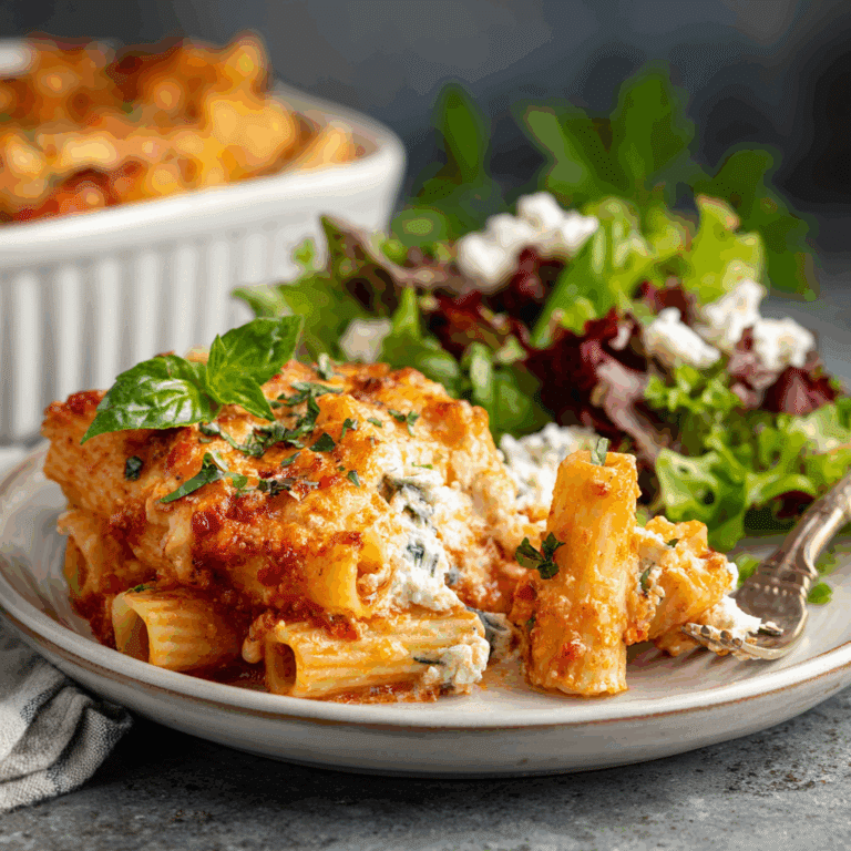 Plated rigatoni with ricotta cheese topped with basil and parmesan