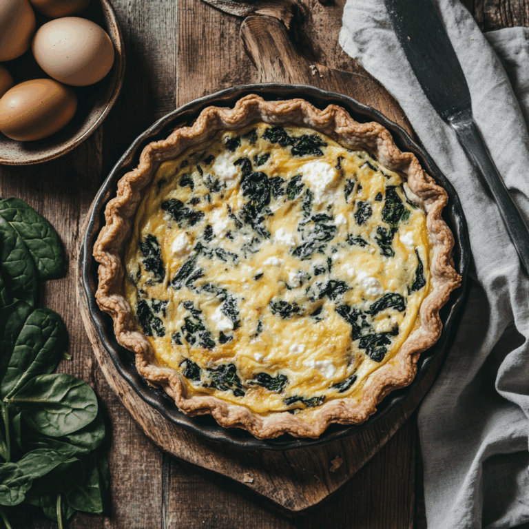 Spinach ricotta cheese quiche in a pie dish