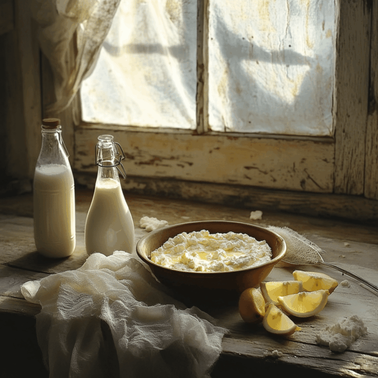 Bowl of freshly made whole milk ricotta cheese on rustic counter